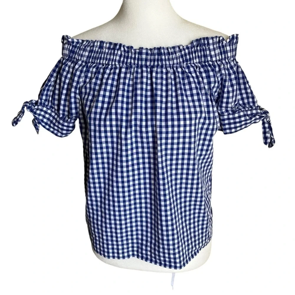 J. Crew Blue White Gingham Checkered Off The Shoulder Top Cottagecore Size 2